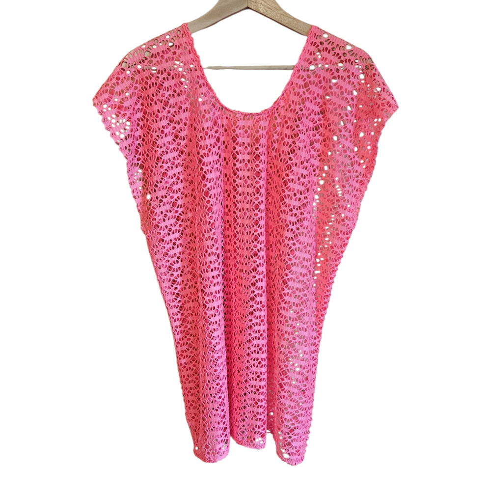 Neon Pink Crochet Open Knit Mesh Kaftan Swim Cover Up Tunic Dress One Size